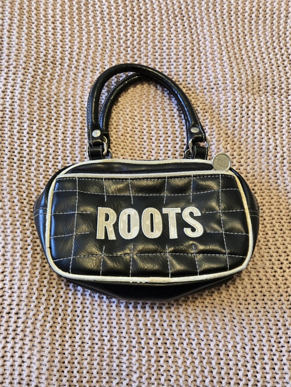 ROOTS Black Quilted Mini Handbag with White Trim